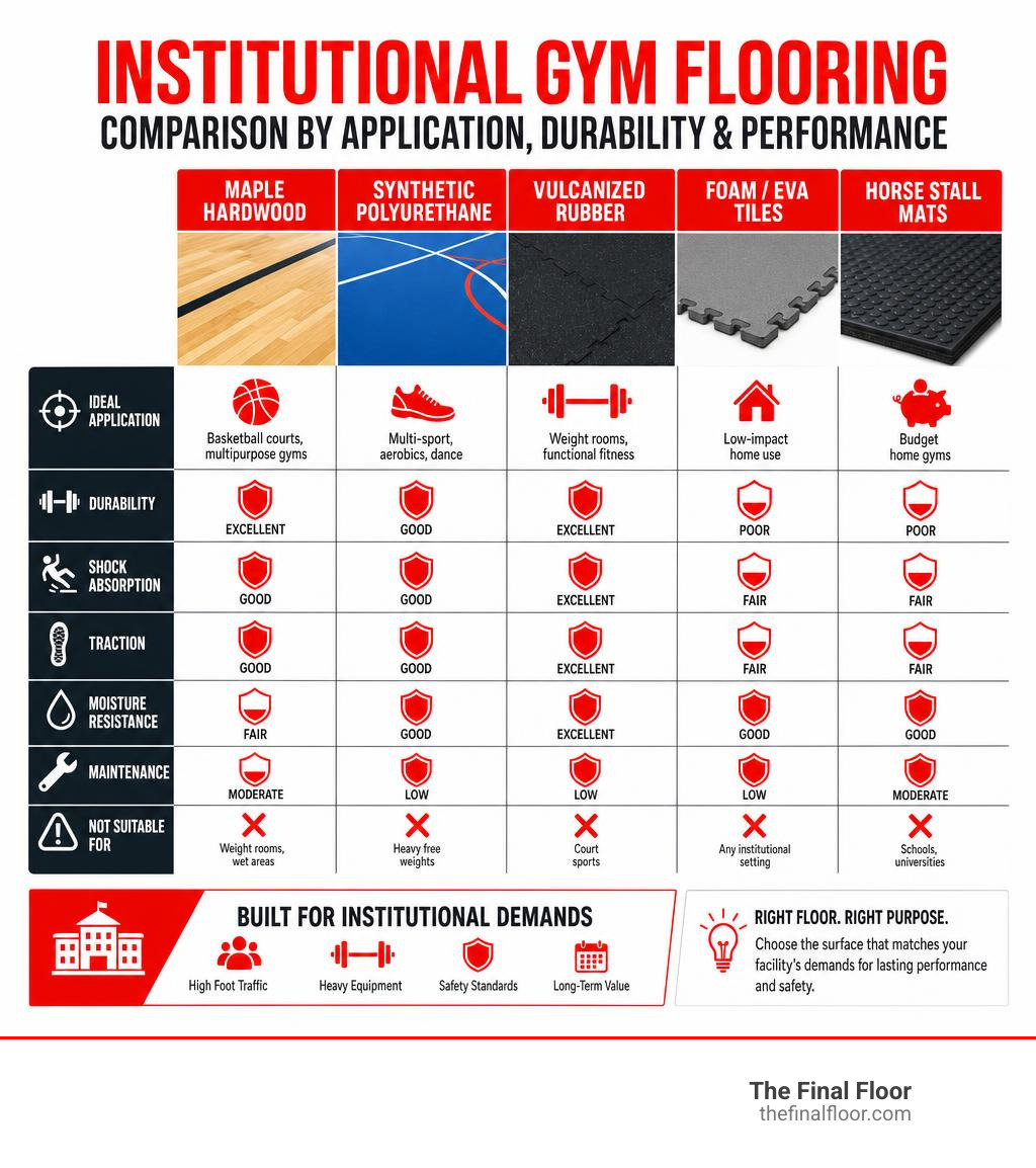 Comparison infographic of institutional gym flooring types by application durability and performance infographic Comparison infographic of institutional gym flooring types by application durability and performance infographic