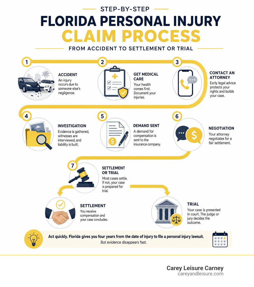 Step-by-step Florida personal injury claim process from accident to settlement or trial infographic
