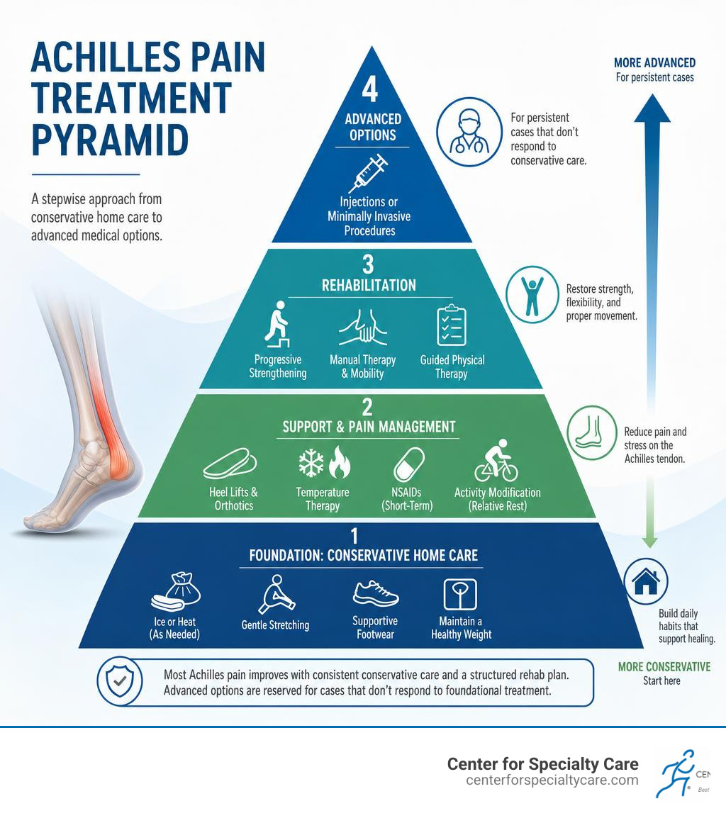 Infographic: Comprehensive Achilles pain treatment pyramid from conservative home care to advanced medical options
