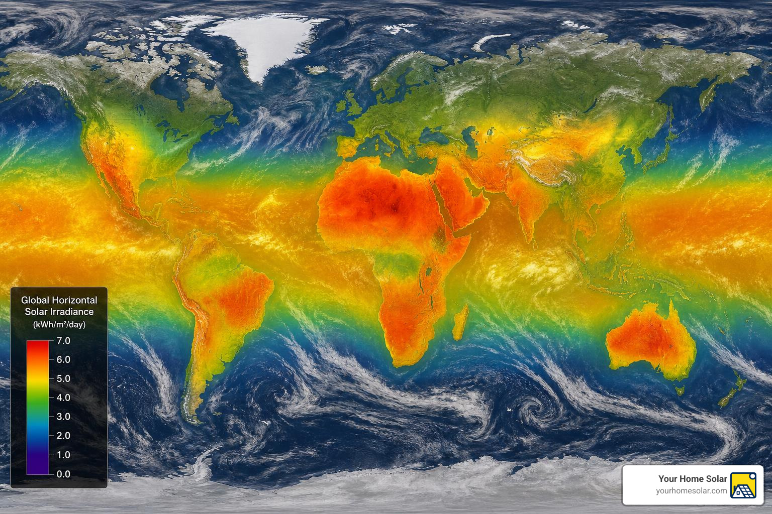 Global solar energy map showing regional sunlight intensity and solar potential Global solar energy map showing regional sunlight intensity and solar potential
