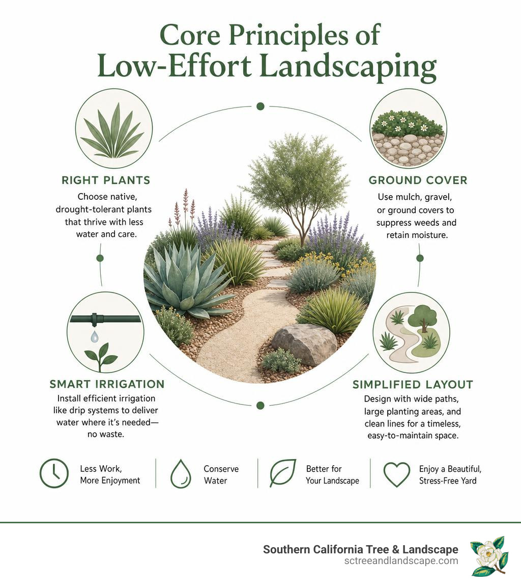 Core principles of low-effort landscaping: right plants, ground cover, smart irrigation, simplified layout infographic Core principles of low-effort landscaping: right plants, ground cover, smart irrigation, simplified layout infographic