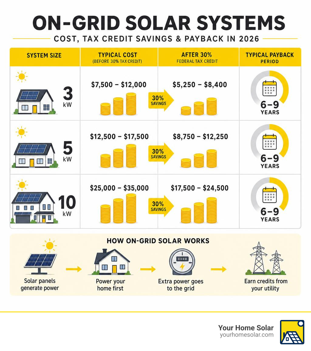 Infographic showing on-grid solar system cost by size, federal tax credit savings, and typical payback periods infographic Infographic showing on-grid solar system cost by size, federal tax credit savings, and typical payback periods infographic