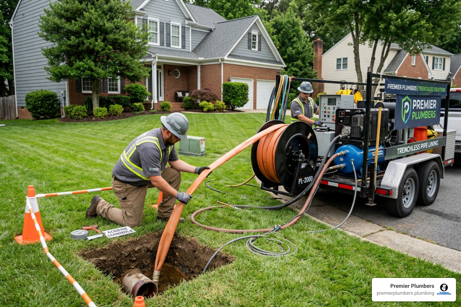 Trenchless pipe lining equipment preparing to repair underground sewer pipe without excavation
