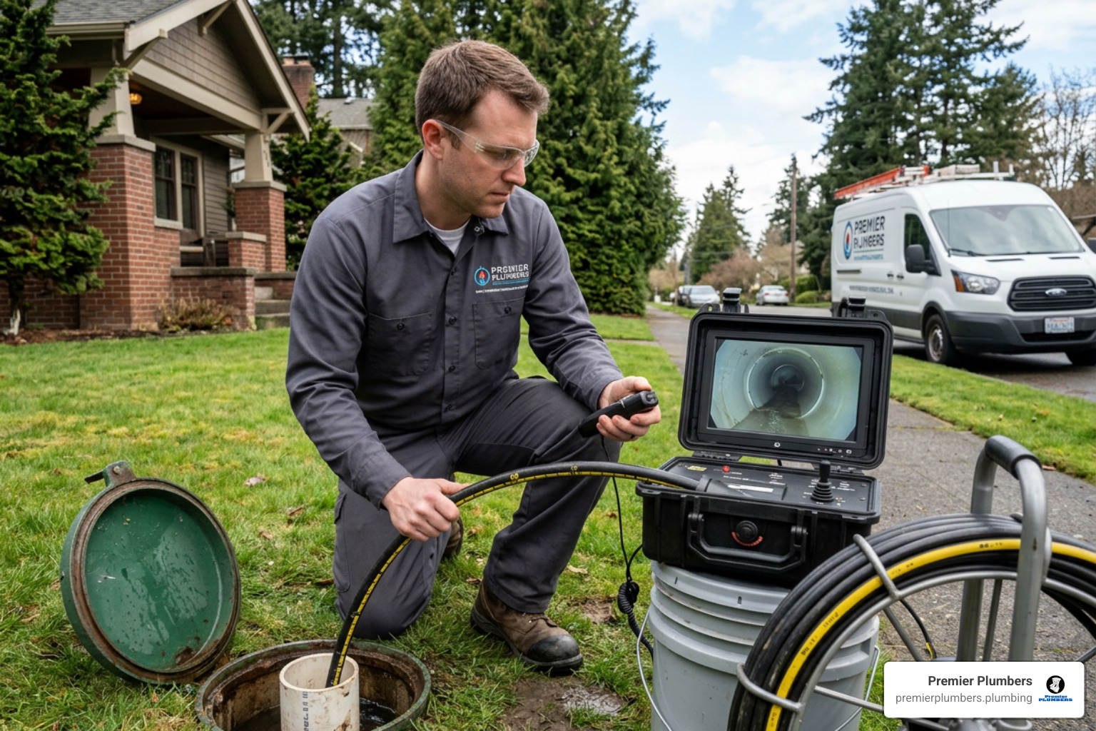 Sewer camera inspection showing professional plumber evaluating underground pipe condition