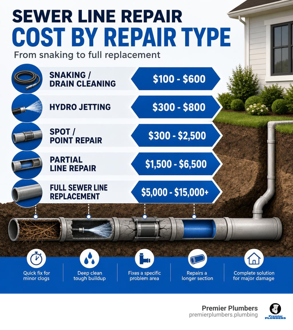 Infographic showing sewer line repair cost ranges by repair type from snaking to full replacement infographic