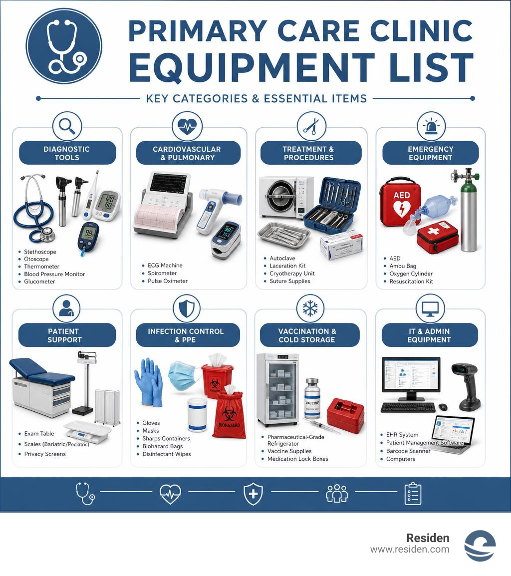 Infographic: Primary care clinic equipment list broken down by category with key items per section infographic Infographic: Primary care clinic equipment list broken down by category with key items per section infographic