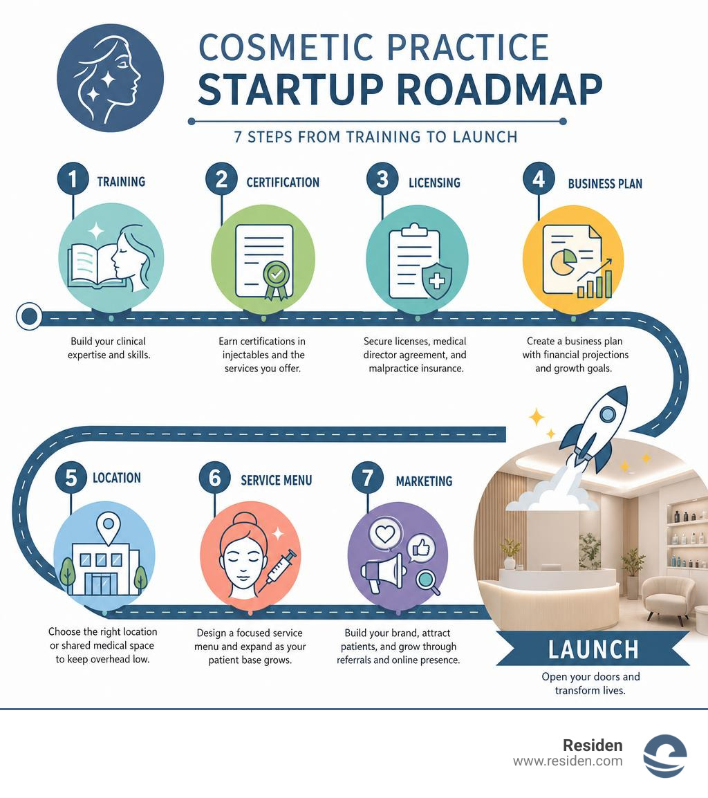 Cosmetic practice startup roadmap infographic: steps from training to launch including certification, licensing, business Cosmetic practice startup roadmap infographic: steps from training to launch including certification, licensing, business