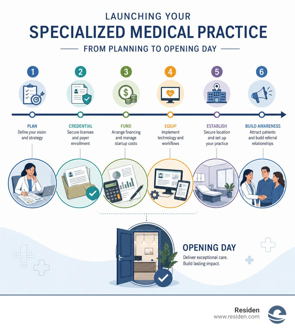 Timeline infographic showing key phases of launching a specialized medical practice from planning to opening day infographic Timeline infographic showing key phases of launching a specialized medical practice from planning to opening day infographic