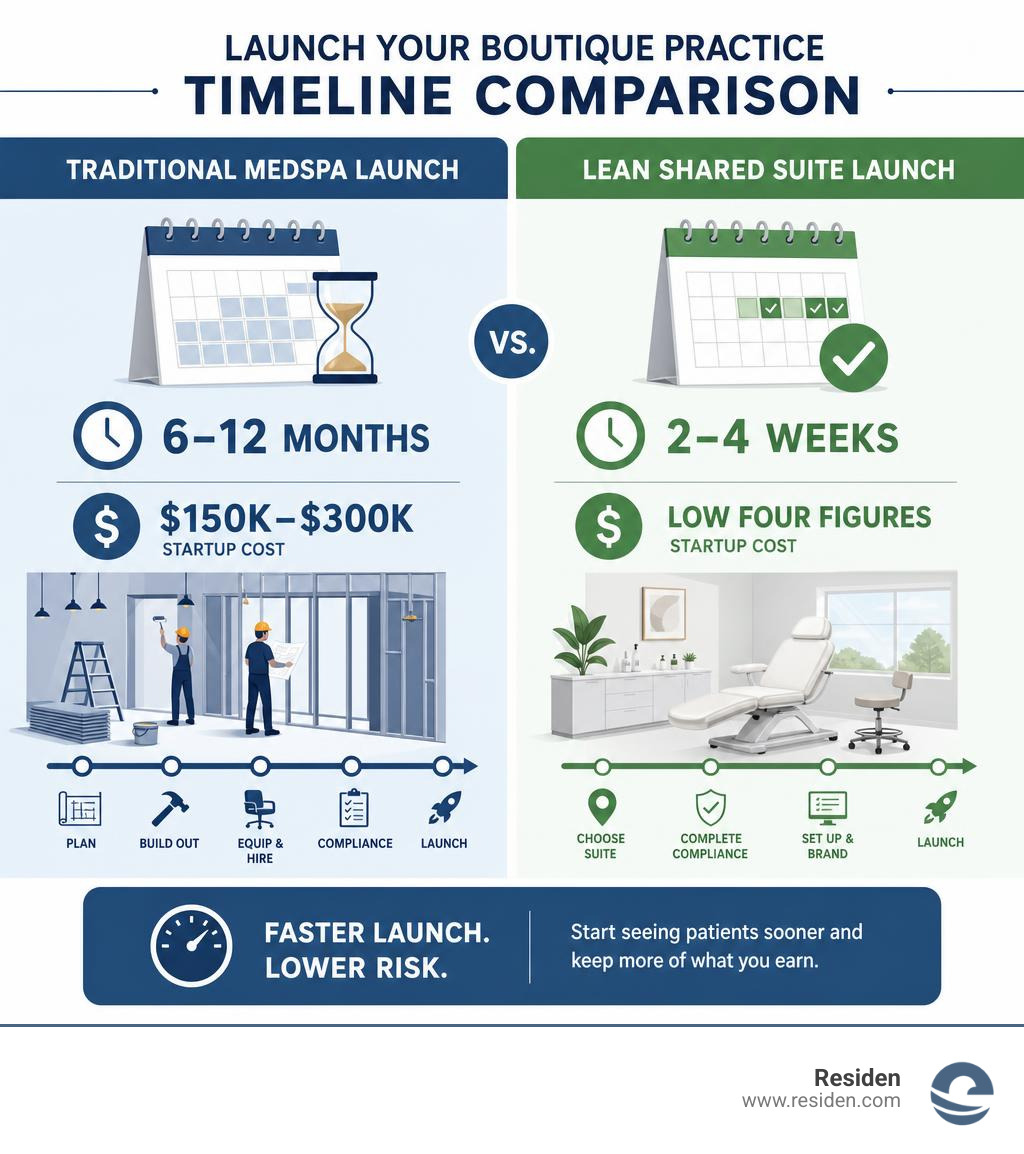 Timeline comparison infographic: traditional medspa launch 6-12 months $150K-$300K vs lean shared suite launch 2-4 weeks low Timeline comparison infographic: traditional medspa launch 6-12 months $150K-$300K vs lean shared suite launch 2-4 weeks low