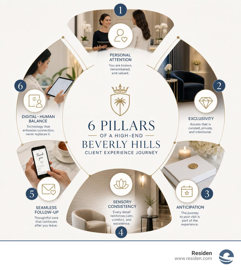 Infographic showing the 6 pillars of a high-end Beverly Hills client experience journey infographic Infographic showing the 6 pillars of a high-end Beverly Hills client experience journey infographic