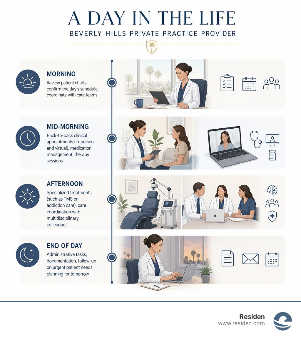 Daily workflow infographic for a Beverly Hills private practice provider showing morning to end-of-day schedule infographic Daily workflow infographic for a Beverly Hills private practice provider showing morning to end-of-day schedule infographic