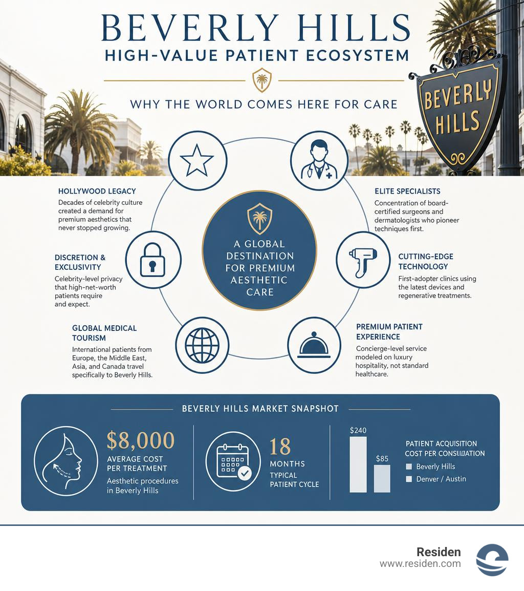 Beverly Hills high-value patient ecosystem infographic showing key attraction factors and market stats infographic Beverly Hills high-value patient ecosystem infographic showing key attraction factors and market stats infographic