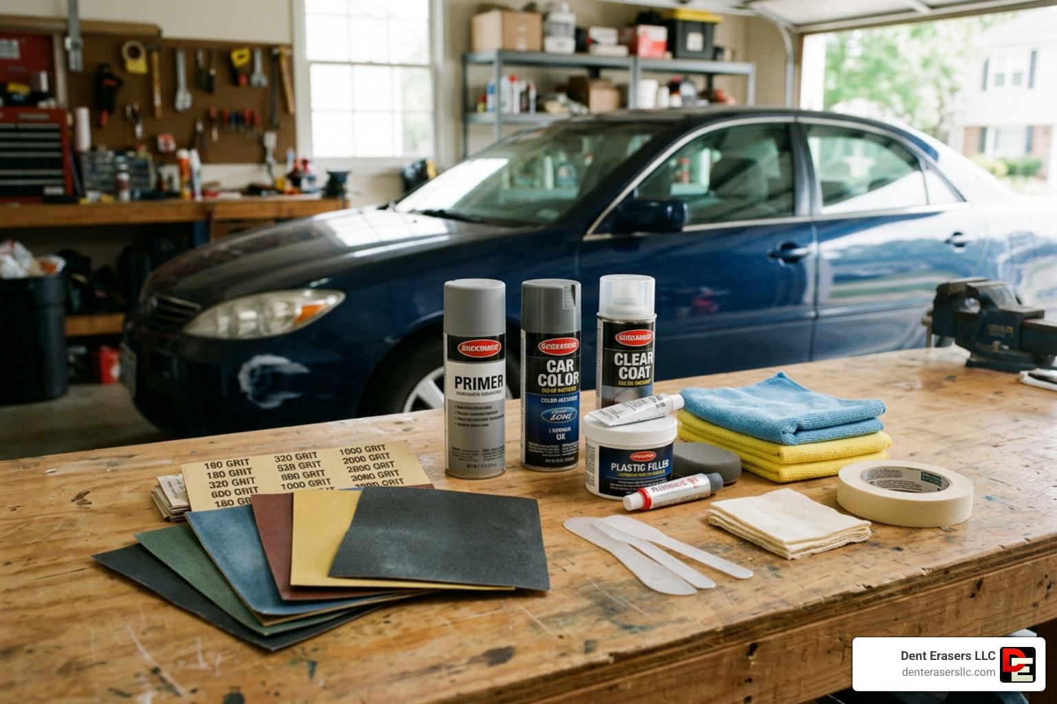 Essential DIY bumper scratch repair tools including sandpaper, primer, and spray paint Essential Diy Bumper Scratch Repair Tools Including Sandpaper, Primer, And Spray Paint