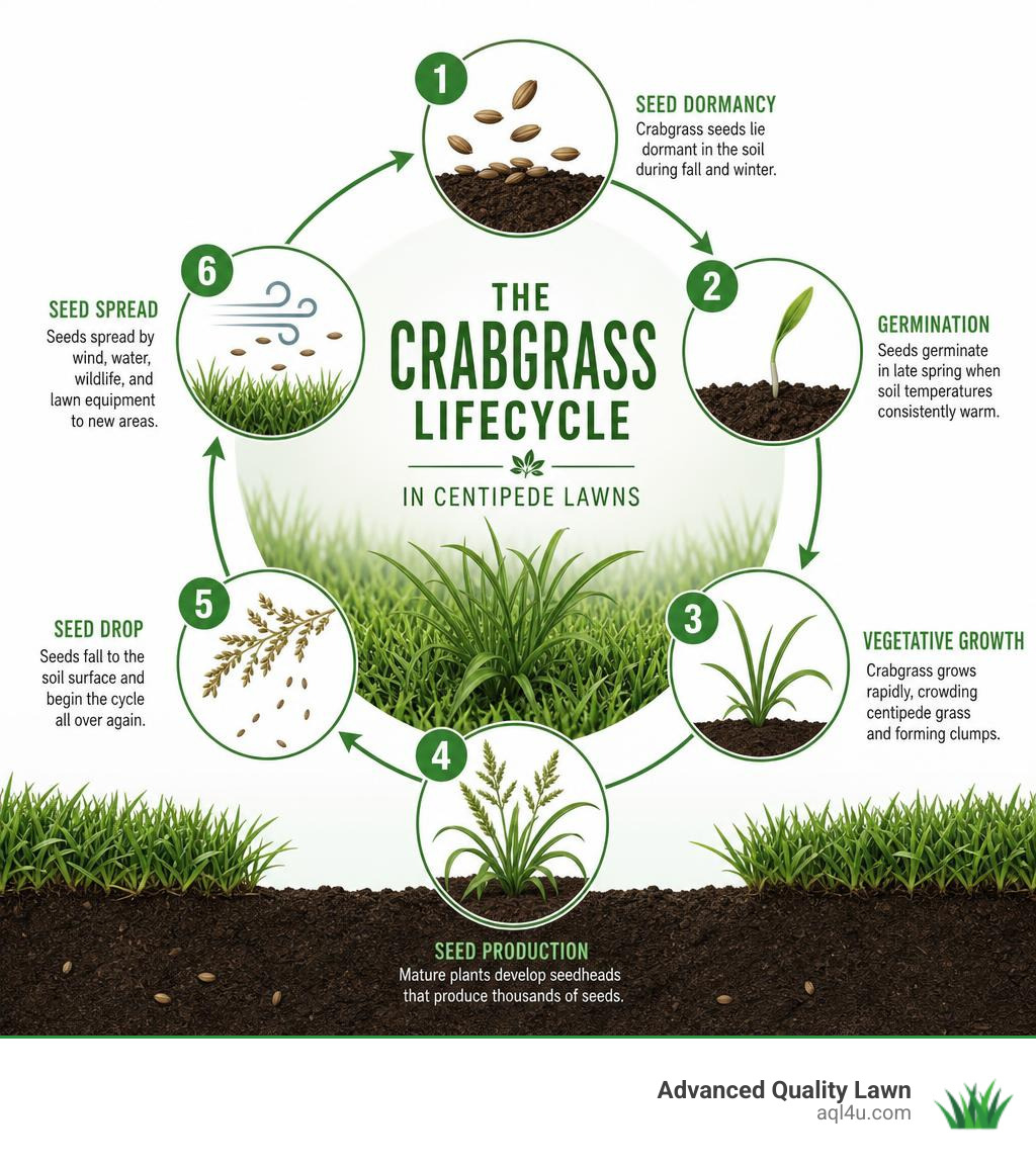 Crabgrass lifecycle infographic showing germination through seed spread stages in centipede lawns infographic