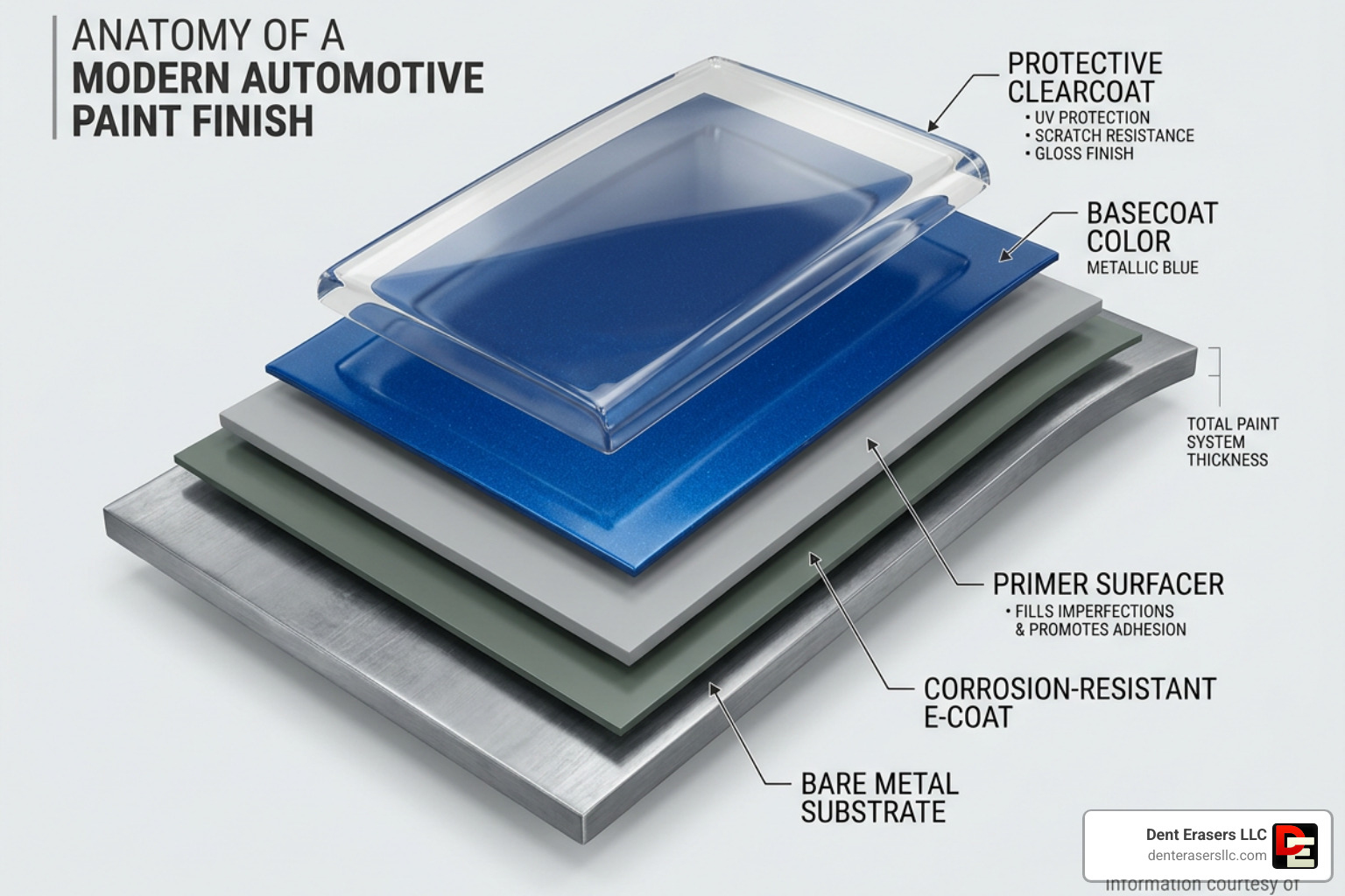 Diagram illustrating the layers of modern automotive paint from bare metal to clearcoat Diagram Illustrating The Layers Of Modern Automotive Paint From Bare Metal To Clearcoat