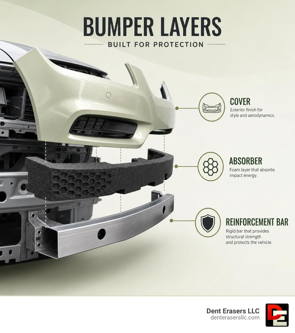 Bumper layer diagram showing cover, absorber, and reinforcement bar infographic Bumper Layer Diagram Showing Cover, Absorber, And Reinforcement Bar Infographic