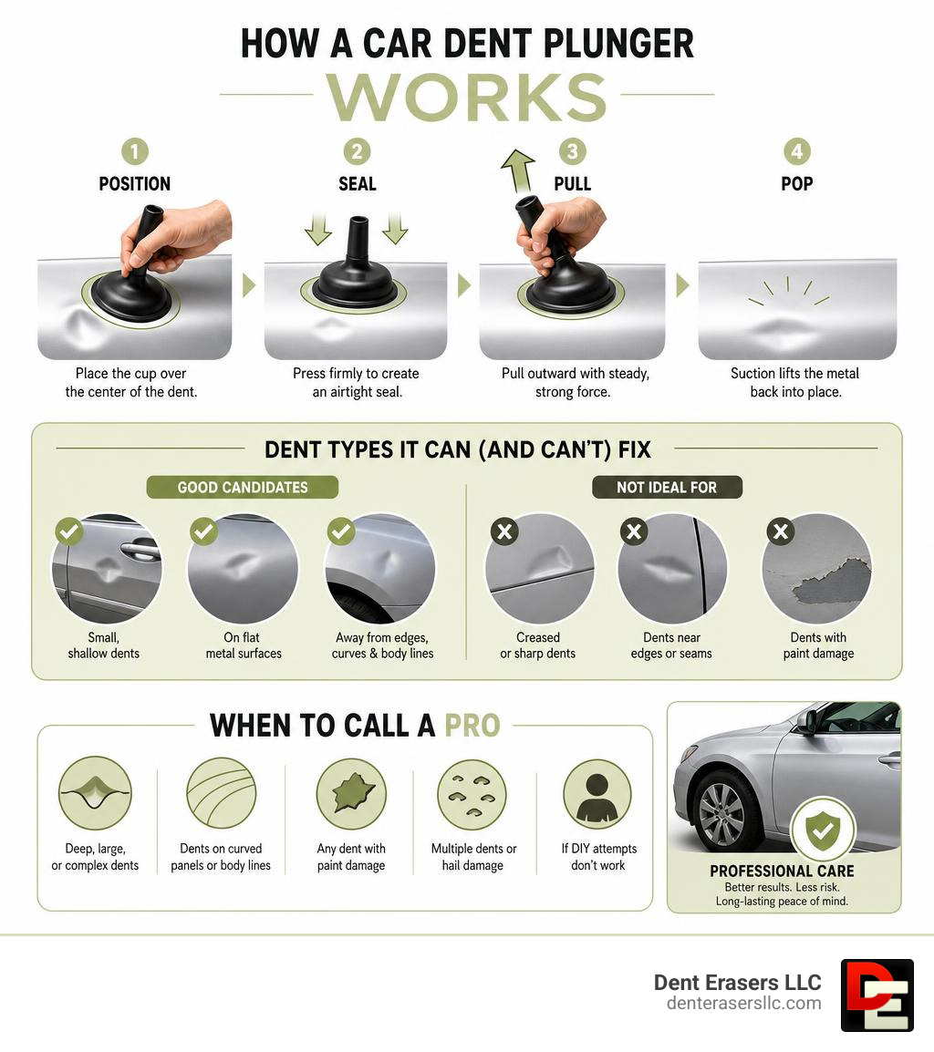 Infographic showing how a car dent plunger works, dent types it fixes, and when to call a pro infographic Infographic showing how a car dent plunger works, dent types it fixes, and when to call a pro infographic