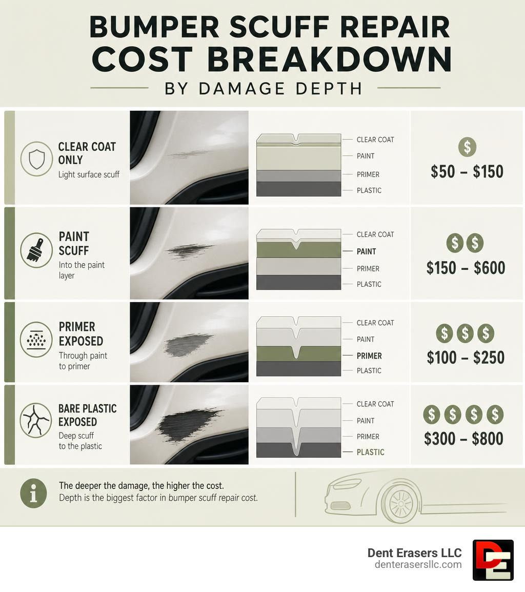 Bumper scuff repair cost breakdown by damage depth — clear coat, paint, primer, bare plastic infographic Bumper Scuff Repair Cost Breakdown By Damage Depth — Clear Coat, Paint, Primer, Bare Plastic Infographic