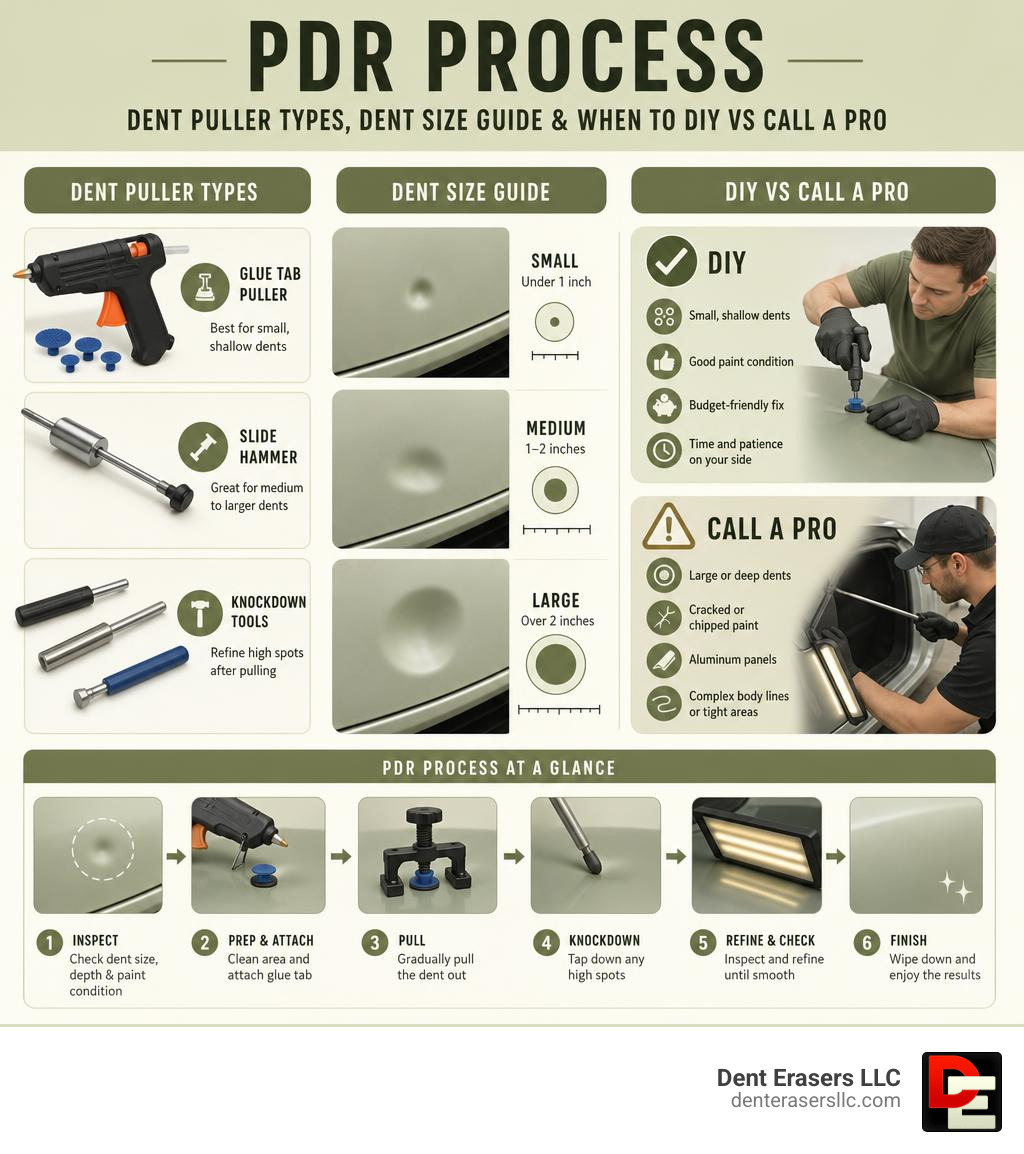 PDR process infographic showing dent puller types, dent size guide, and when to DIY vs call a pro infographic Pdr Process Infographic Showing Dent Puller Types, Dent Size Guide, And When To Diy Vs Call A Pro Infographic