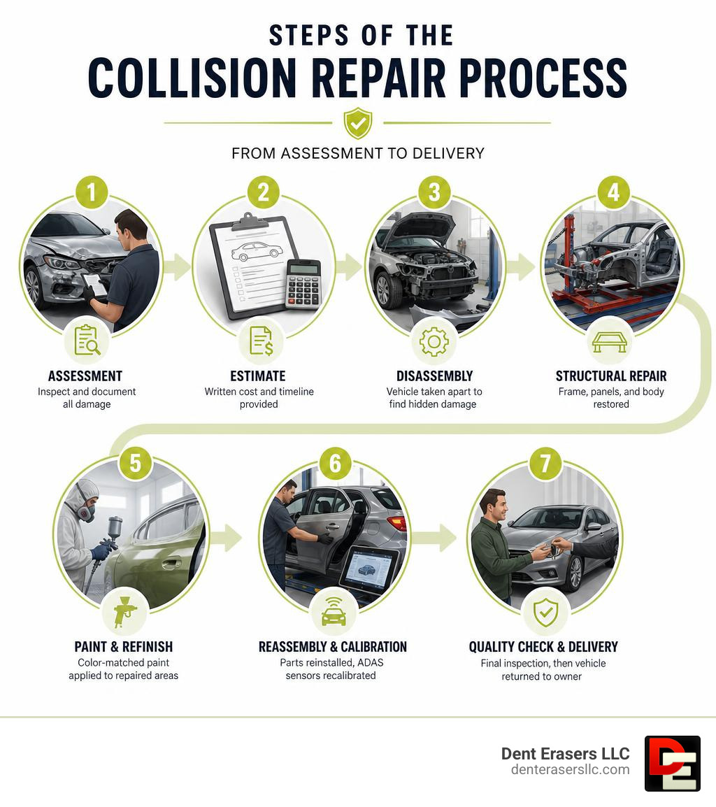 Steps of the collision repair process from assessment to delivery infographic Steps Of The Collision Repair Process From Assessment To Delivery Infographic