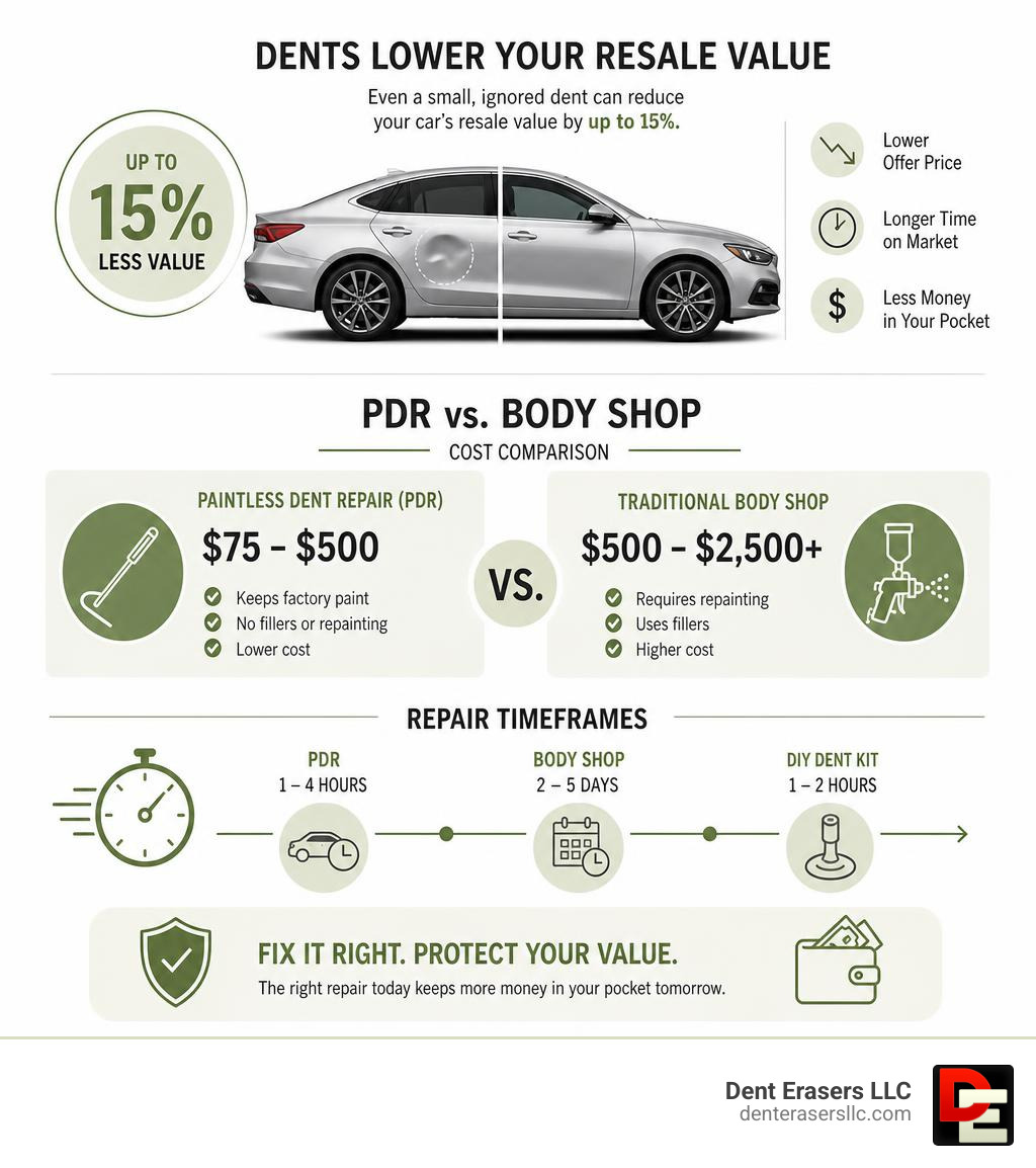 Infographic showing how dents affect car resale value, PDR vs body shop cost comparison, and repair timeframes infographic Infographic Showing How Dents Affect Car Resale Value, Pdr Vs Body Shop Cost Comparison, And Repair Timeframes Infographic