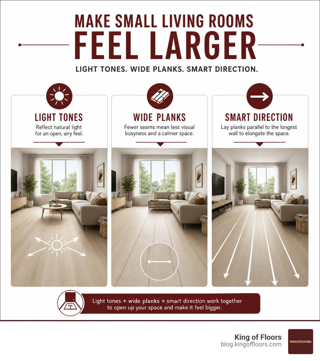 Infographic showing how light tones, wide planks, and plank direction make small living rooms feel larger infographic