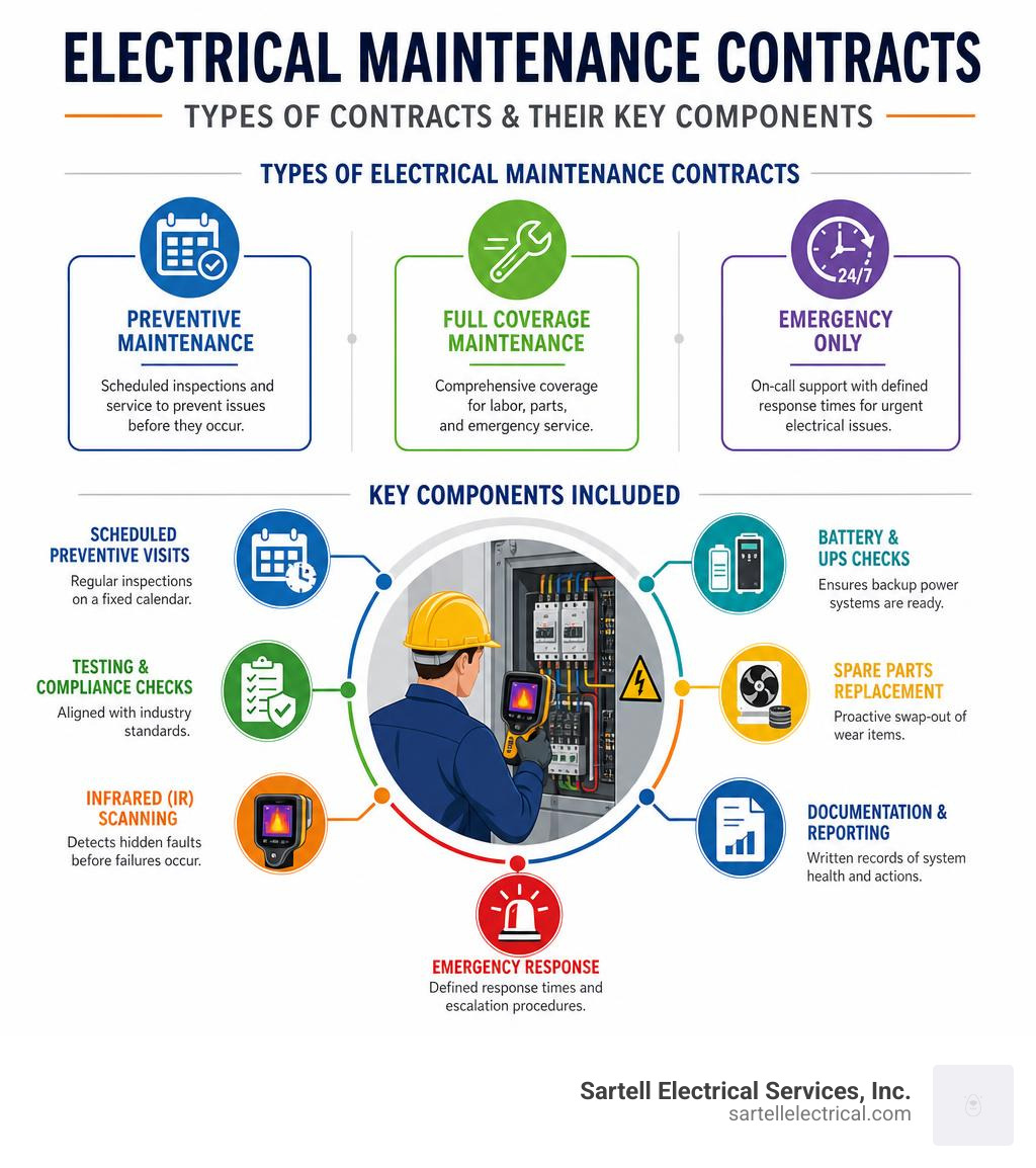 Infographic showing types of electrical maintenance contracts and their key components infographic Infographic showing types of electrical maintenance contracts and their key components infographic