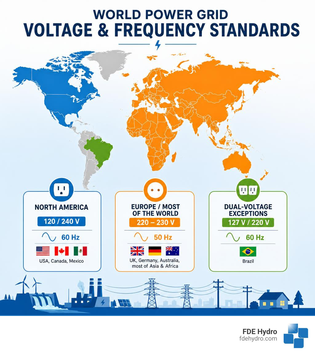 Infographic: World map comparing power grid voltage and frequency standards by region infographic Infographic: World map comparing power grid voltage and frequency standards by region infographic