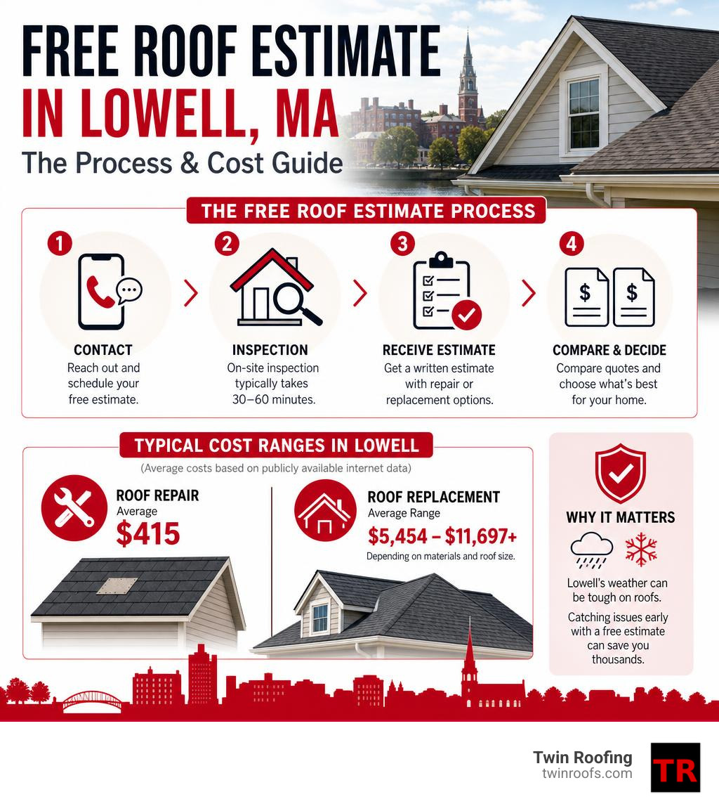 Infographic showing the free roof estimate process in Lowell MA including inspection steps and cost ranges infographic