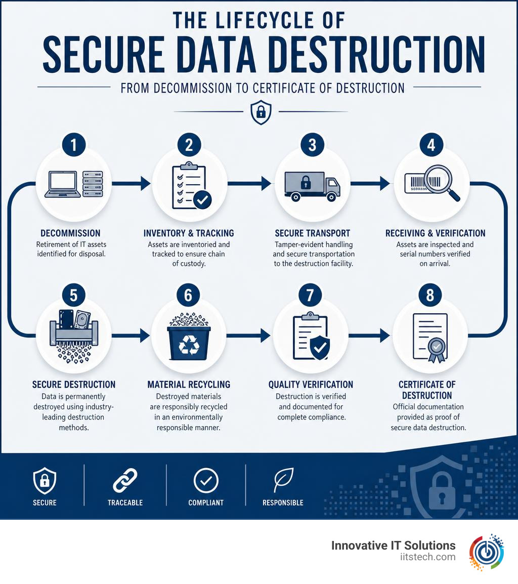 Lifecycle of secure data destruction from decommission to certificate of destruction infographic
