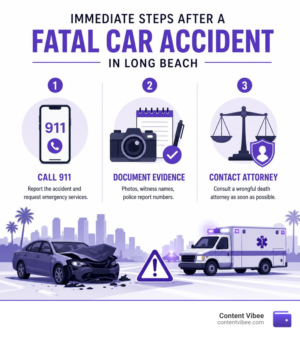 Infographic showing immediate steps after a fatal car accident in Long Beach including call 911, document evidence, and