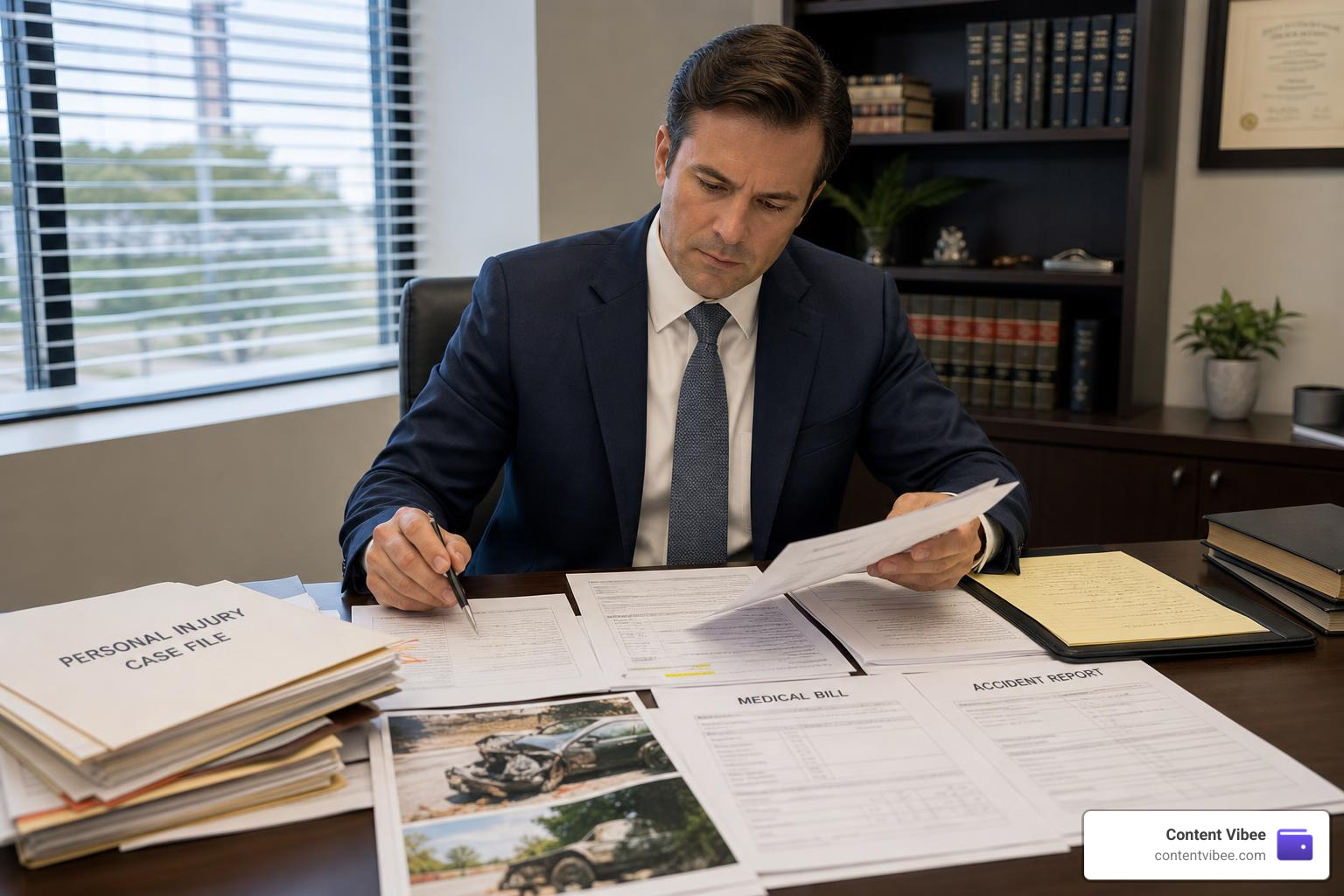 A lawyer analyzing medical bills and accident reports to build a personal injury case