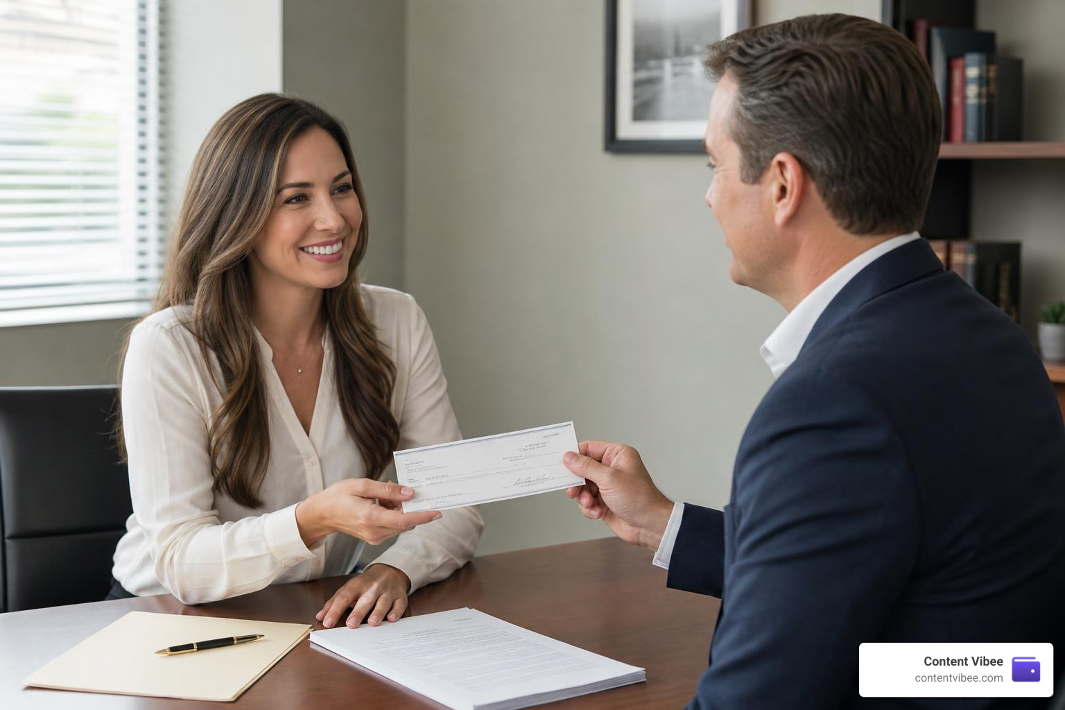 A settlement check being handed over after a successful car accident claim negotiation