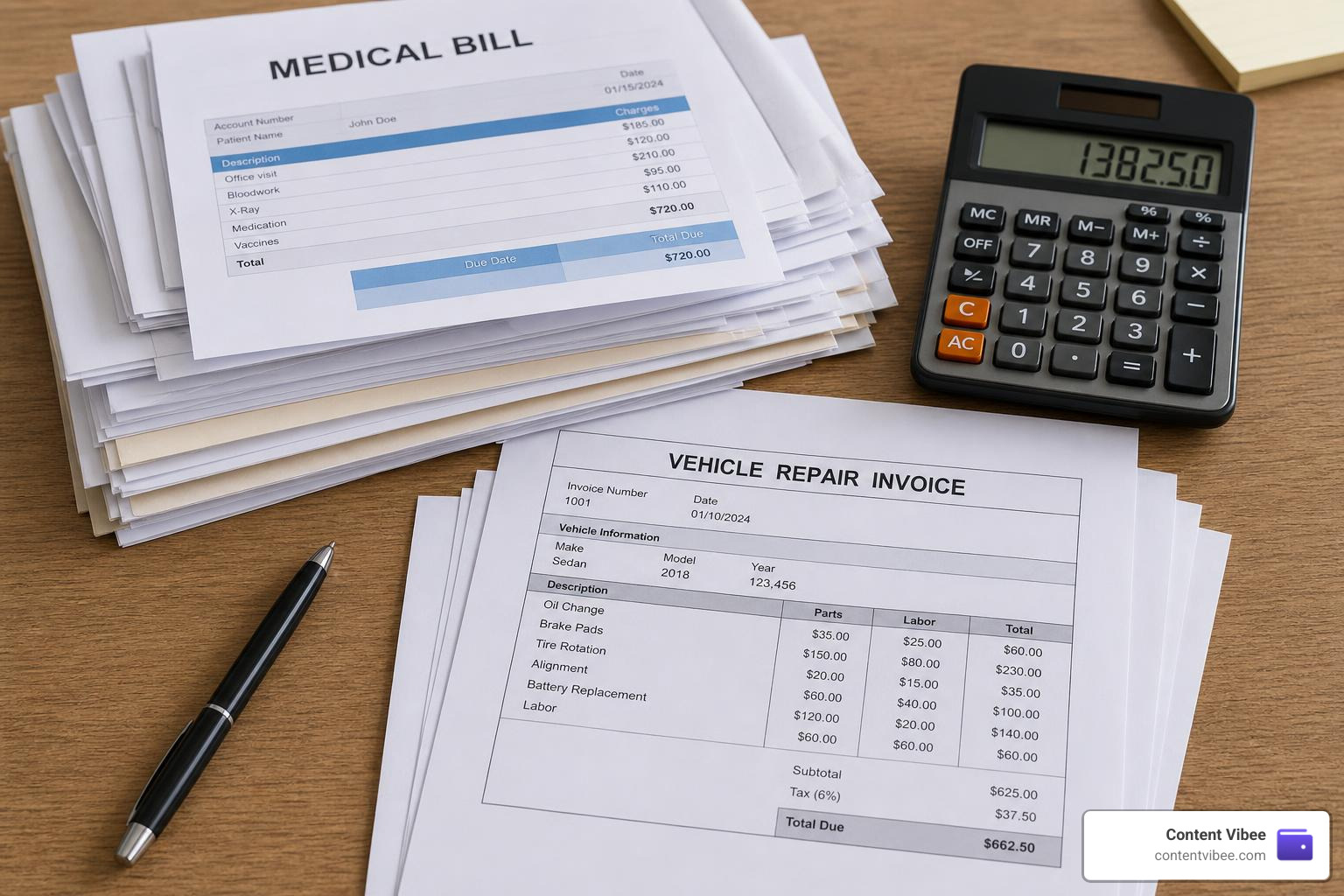 Stack of medical bills, vehicle repair invoices, and a calculator on a desk