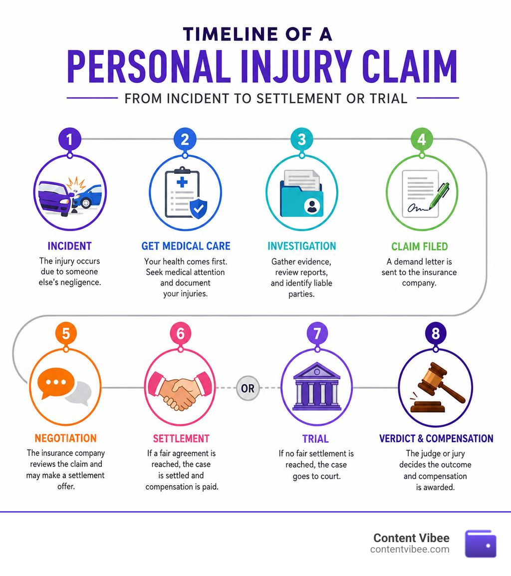 Timeline of a personal injury claim from incident to settlement or trial infographic