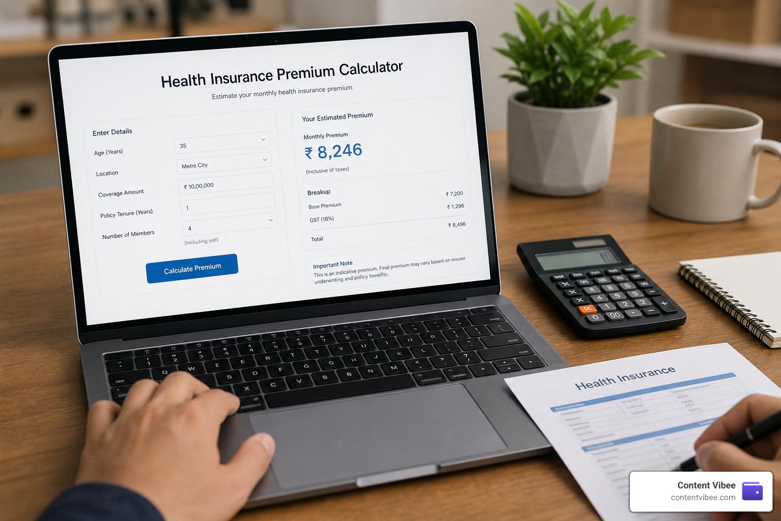 calculator showing health insurance premiums