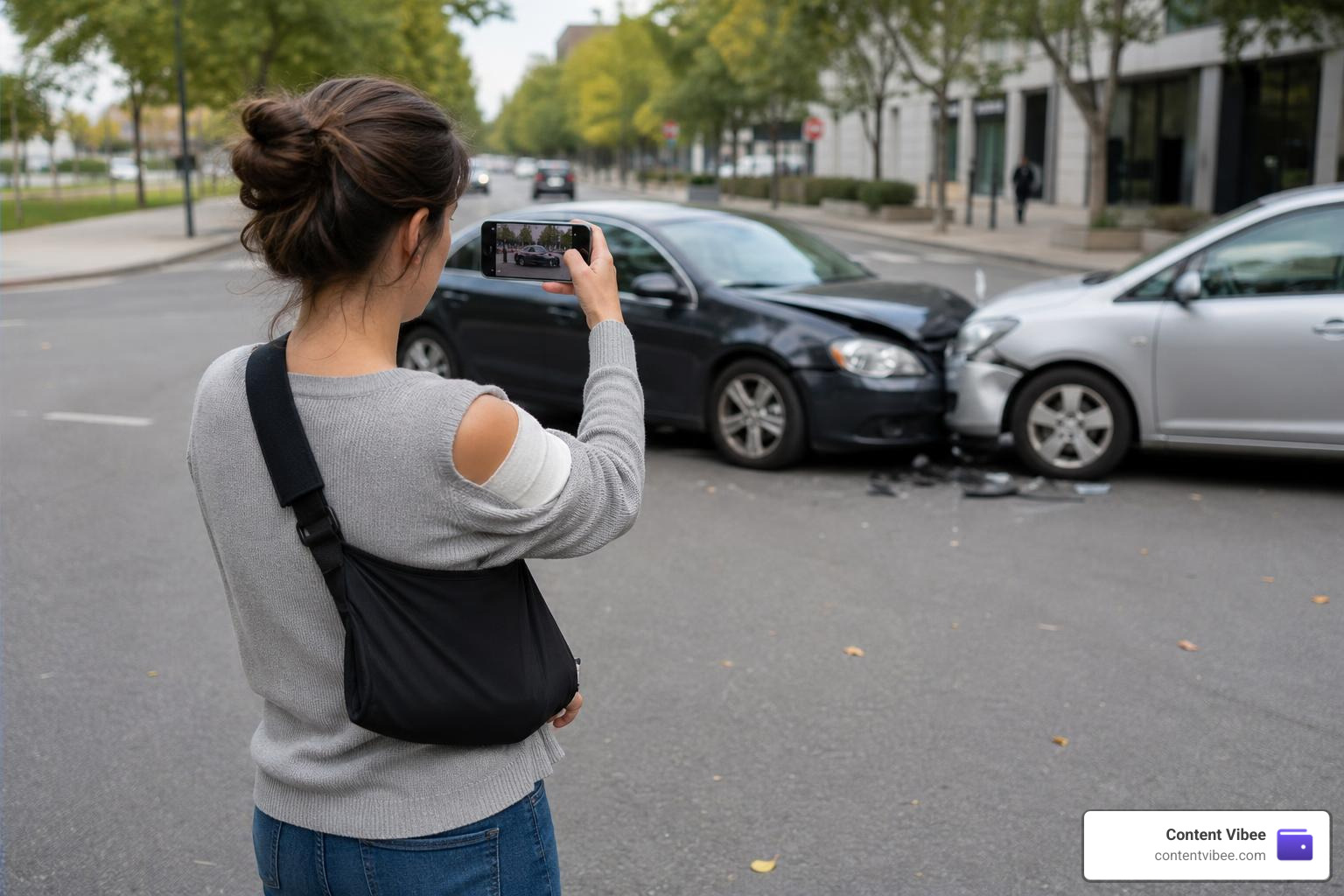 An injured person taking photos of a car accident scene to document evidence