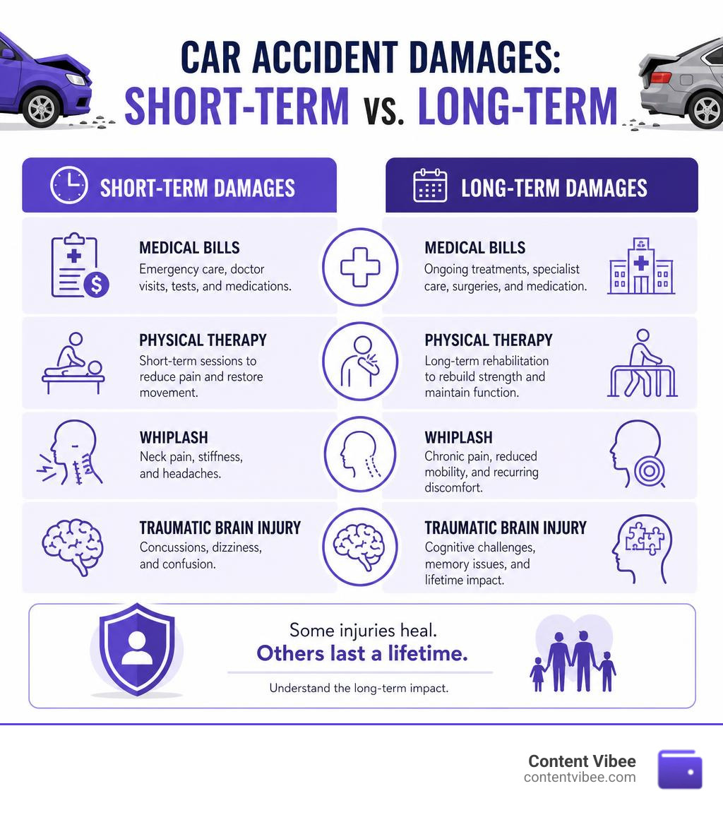 infographic comparing short-term and long-term car accident damages like medical bills, physical therapy, whiplash, and