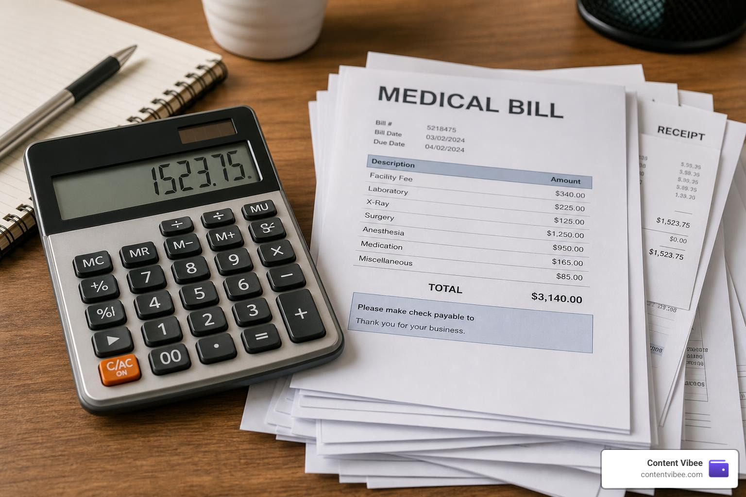 calculator next to medical bills