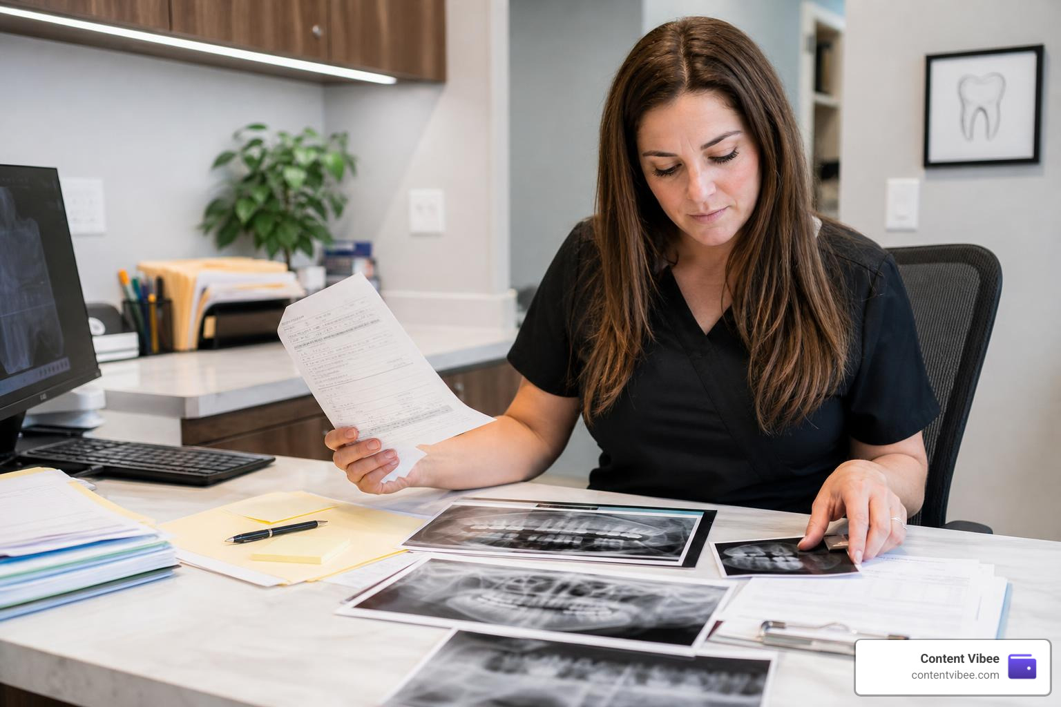Dental office administrator preparing detailed clinical documentation for appeal
