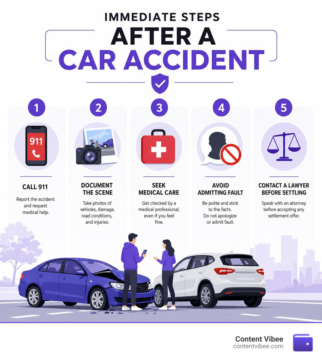 Infographic showing immediate steps after a car accident: call 911, document scene, seek medical care, avoid admitting