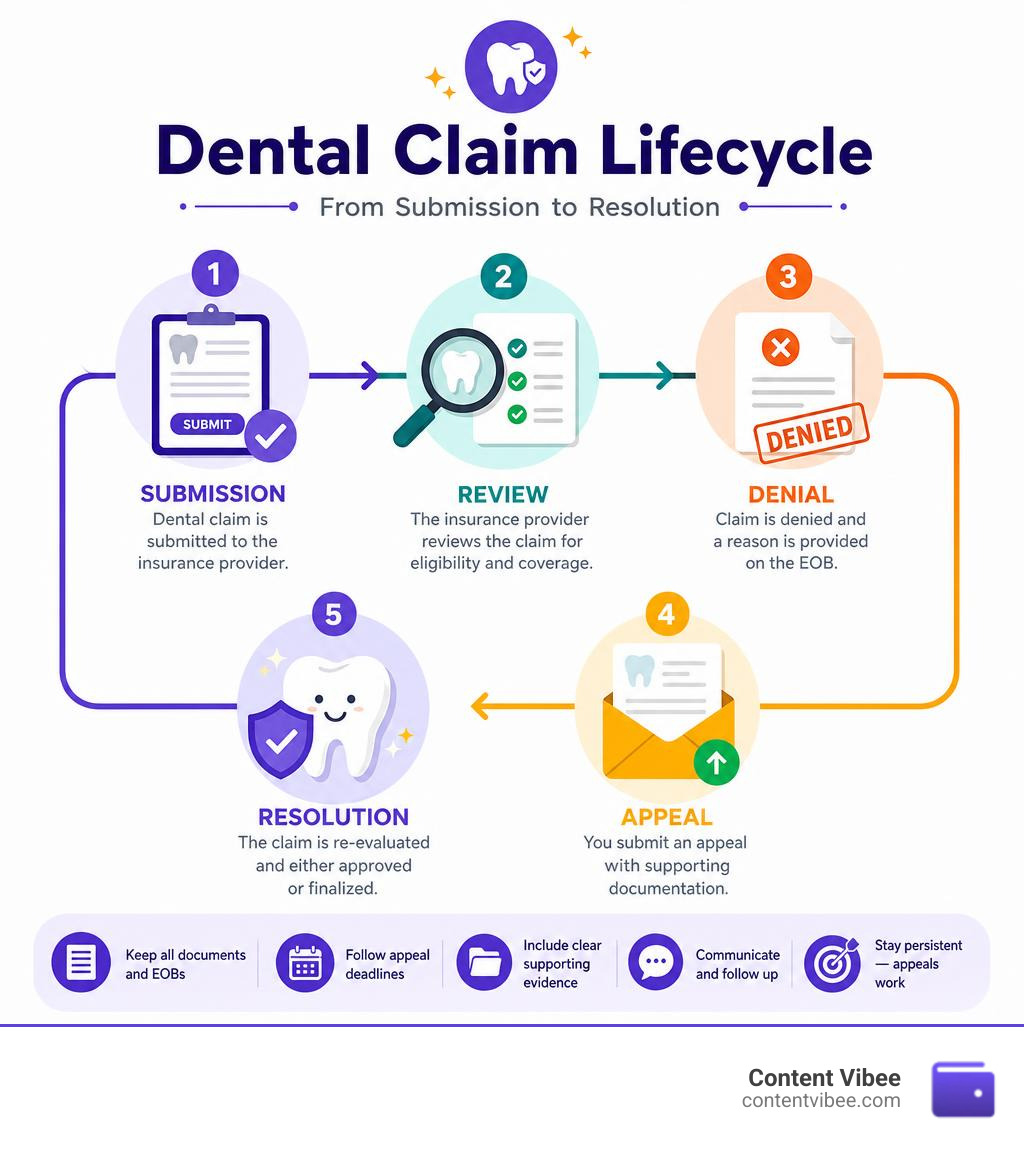 Dental claim lifecycle infographic showing submission, review, denial, appeal, and resolution stages infographic