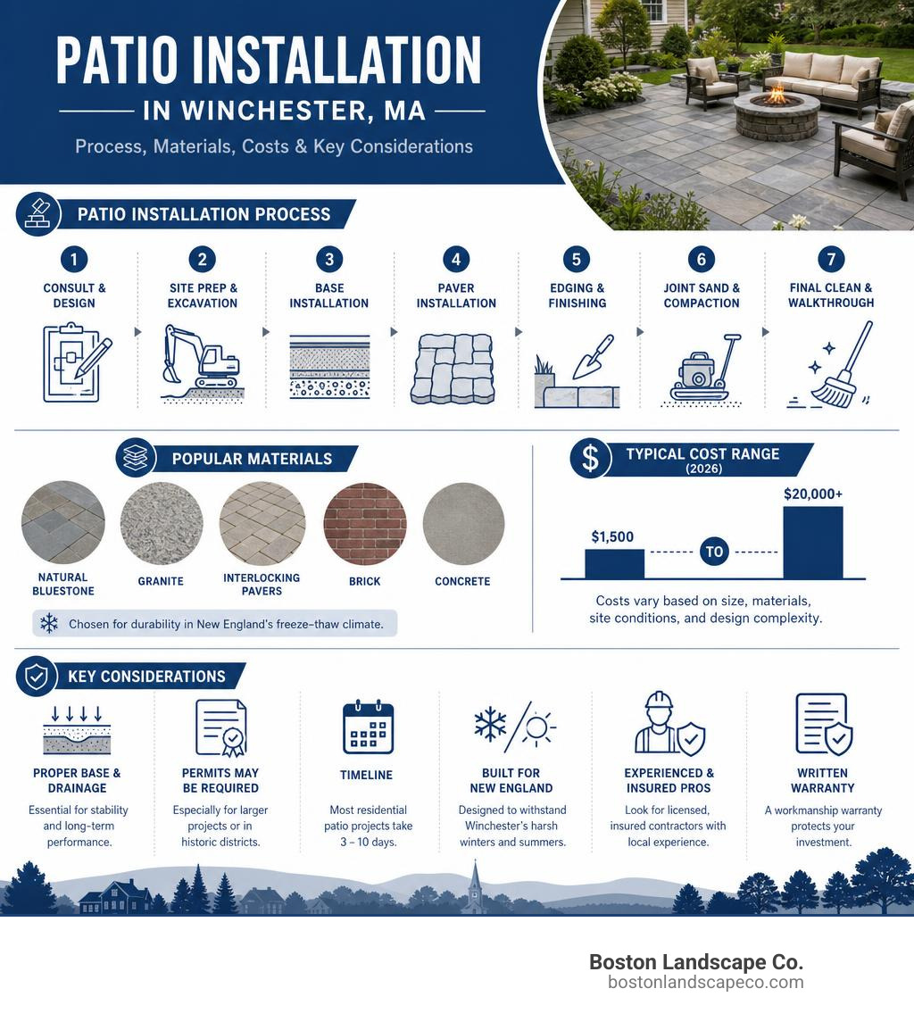 Infographic showing patio installation process steps, materials, costs, and key considerations for Winchester MA infographic