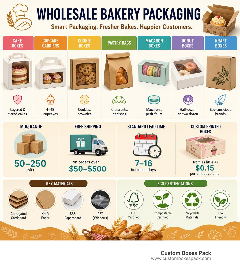 Infographic showing types of wholesale bakery packaging, key materials, MOQ ranges, and eco certifications infographic