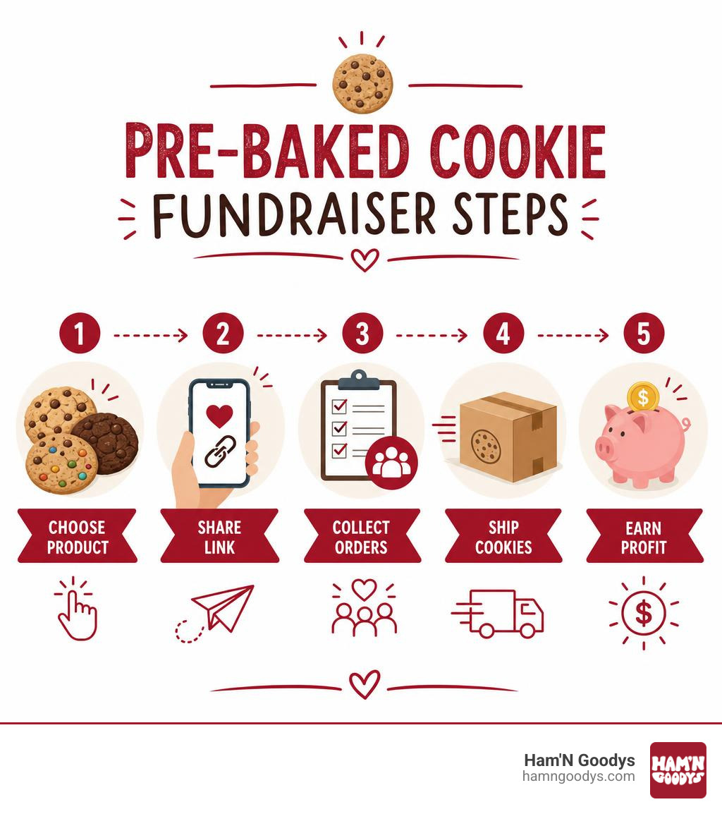 Infographic showing pre-baked cookie fundraiser steps: choose product, share link, collect orders, ship cookies, earn profit Infographic showing pre-baked cookie fundraiser steps: choose product, share link, collect orders, ship cookies, earn profit