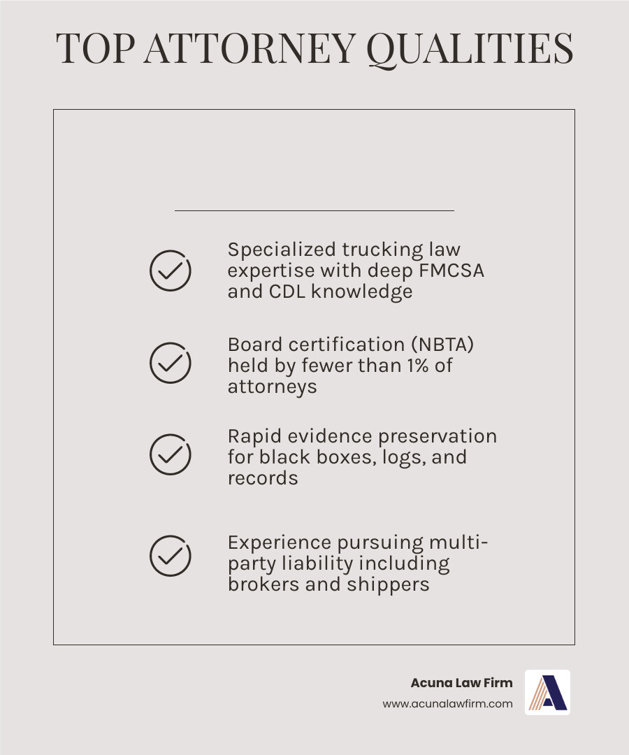 Key qualities of the best truck crash attorneys and immediate steps after a semi-truck collision infographic