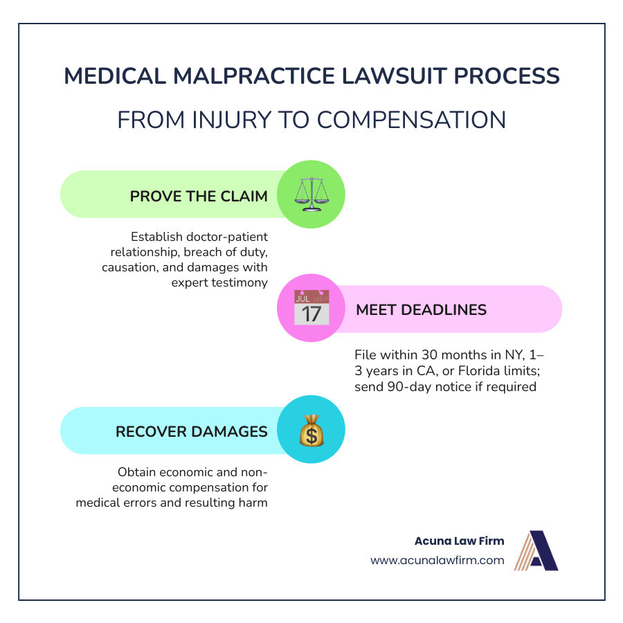 Step-by-step medical malpractice lawsuit process from injury to compensation infographic Step-by-step medical malpractice lawsuit process from injury to compensation infographic