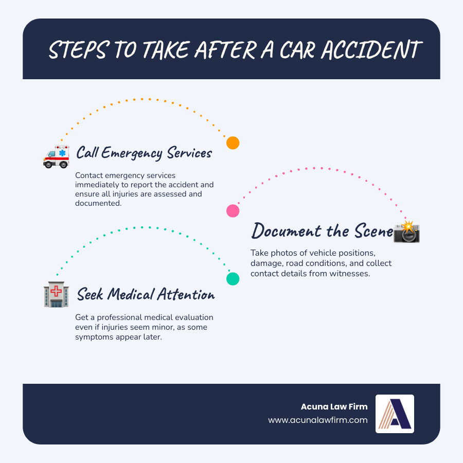Steps to take after a car accident: call emergency services, document the scene, get witness details, seek medical