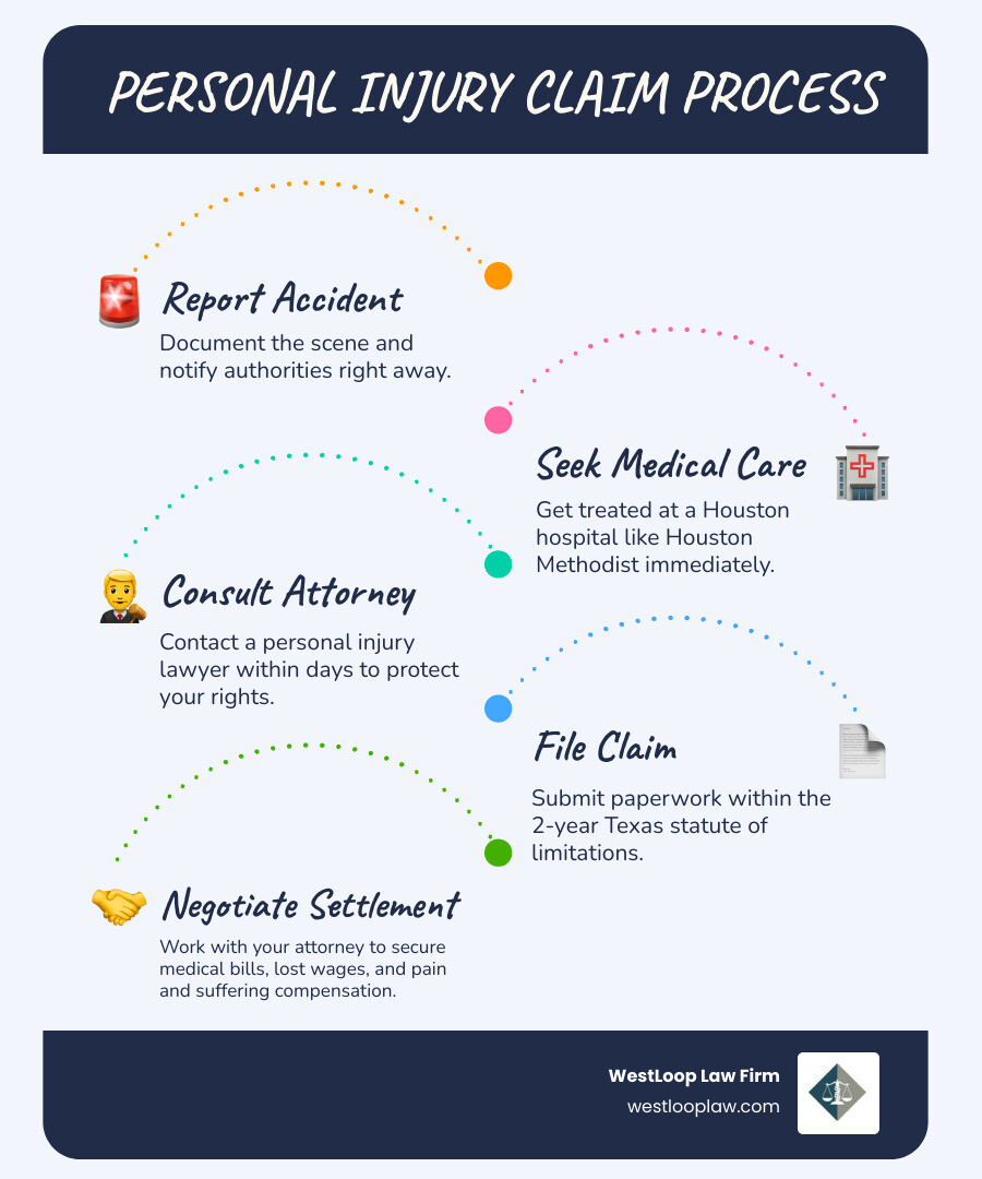 Personal injury claim process infographic: report accident, seek medical care, consult attorney, file claim, negotiate Personal injury claim process infographic: report accident, seek medical care, consult attorney, file claim, negotiate