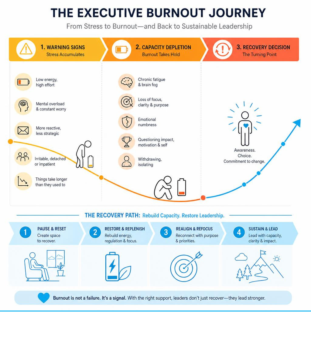 Progression From Executive Stress To Burnout: Warning Signs, Capacity Depletion, And Recovery Stages Infographic Progression From Executive Stress To Burnout: Warning Signs, Capacity Depletion, And Recovery Stages Infographic